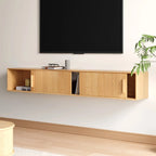 Meuble TV cannelé flottant en bois naturel avec rangement