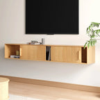 Meuble TV cannelé flottant en bois naturel avec rangement