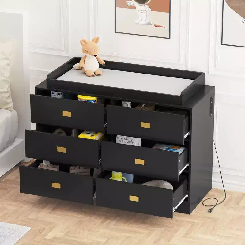 Commode de chambre d'enfant Coolmee avec plan à langer, commode bébé à 6 tiroirs avec kit anti-basculement, plateau étanche et rails de sécurité pour l'organisation du rangement