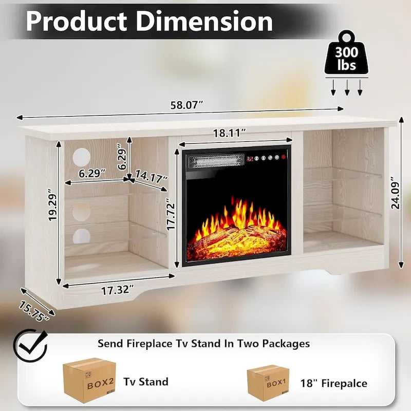 Meuble TV cheminée Bossin 58" avec foyer électrique 18", centre de divertissement moderne pour téléviseurs 65", console TV