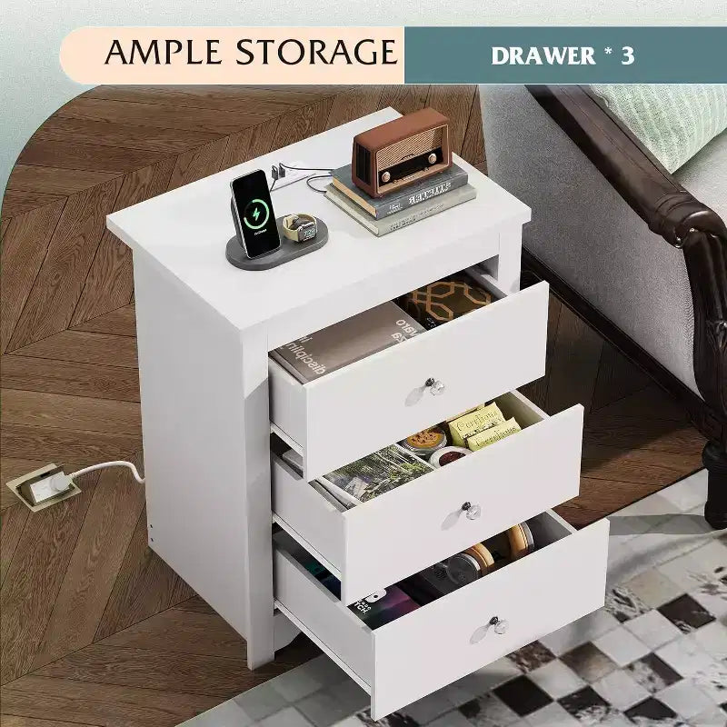GALAXHERO Grande table de chevet avec station de charge, table de nuit en bois avec 3 tiroirs, table d'appoint pour chambre et dortoir, avec 2 ports USB et 2 prises AC