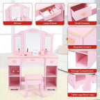Coiffeuse Acekool pour enfants avec tabouret, miroir triptyque, tiroirs de rangement et étagères ouvertes, coiffeuse rose pour filles de 3 ans et plus