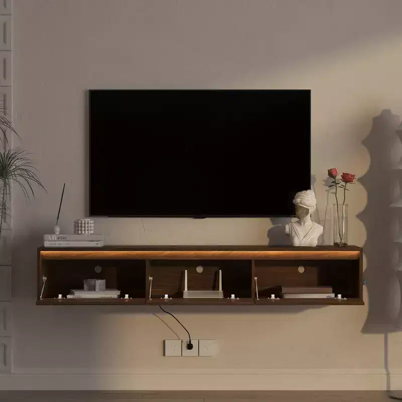 JVNOXK Meuble TV flottant mural de 162,5 cm en bois avec éclairage LED et prise de courant, finition brillante, idéal pour les salons. Ton bois.
