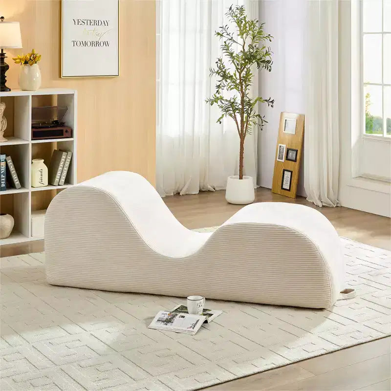 Mjkone Chaise Longue de Yoga en Velours Côtelé, Canapé de Yoga Incurvé avec Appui-Tête/Coussin Lombaire/Repose-Pieds Amovibles, Base Antidérapante