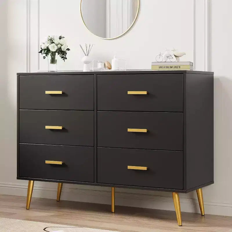 Commode moderne à 6 tiroirs avec espace de rangement, commode en bois avec poignées dorées, commode avec tiroirs profonds pour chambre à coucher, salon, bureau