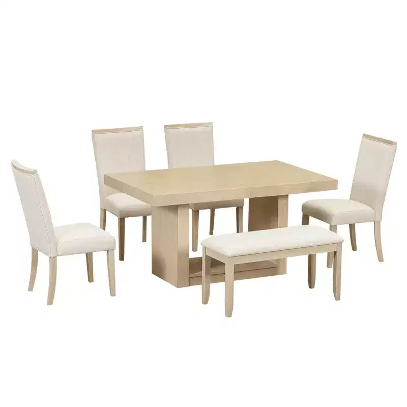Ensemble de salle à manger 6 pièces avec table extensible et rallonge amovible, 4 chaises de salle à manger rembourrées et un banc, Naturel+Beige - ModernLuxe