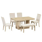 Ensemble de salle à manger 6 pièces avec table extensible et rallonge amovible, 4 chaises de salle à manger rembourrées et un banc, Naturel+Beige - ModernLuxe