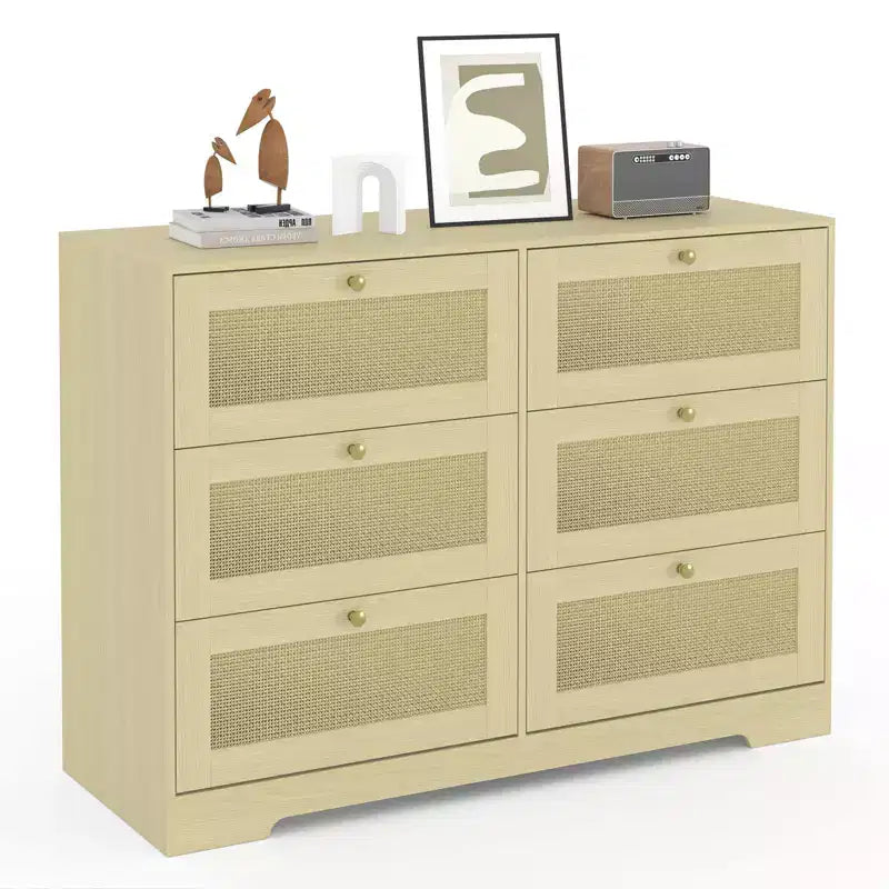 Commode 8 tiroirs CuisinSmart, armoire de rangement en rotin avec cadre en MDF, commode pour chambre à coucher, salon, entrée