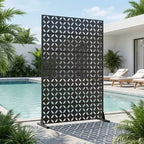 Paravent d'extérieur Dovelina 72H x 47W en métal, panneaux de clôture autoportants noirs pour jardin, terrasse, cour