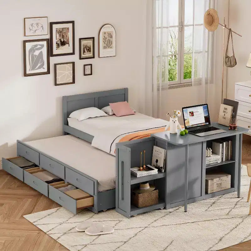 Lit plate-forme en bois simple avec bureau et étagère de rangement, Cadre de lit en bois simple/grand avec lit gigogne et 3 tiroirs
