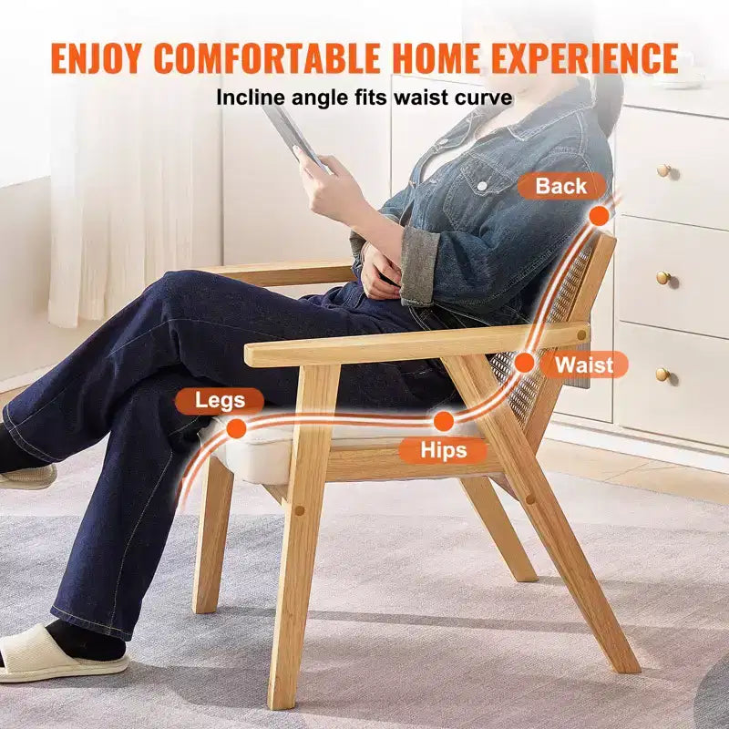 VEVOR Chaise en rotin de style moderne du milieu du siècle, fauteuil d'appoint rembourré en velours avec dossier en rotin, chaise de salon rétro pour salon, chambre à coucher, beige