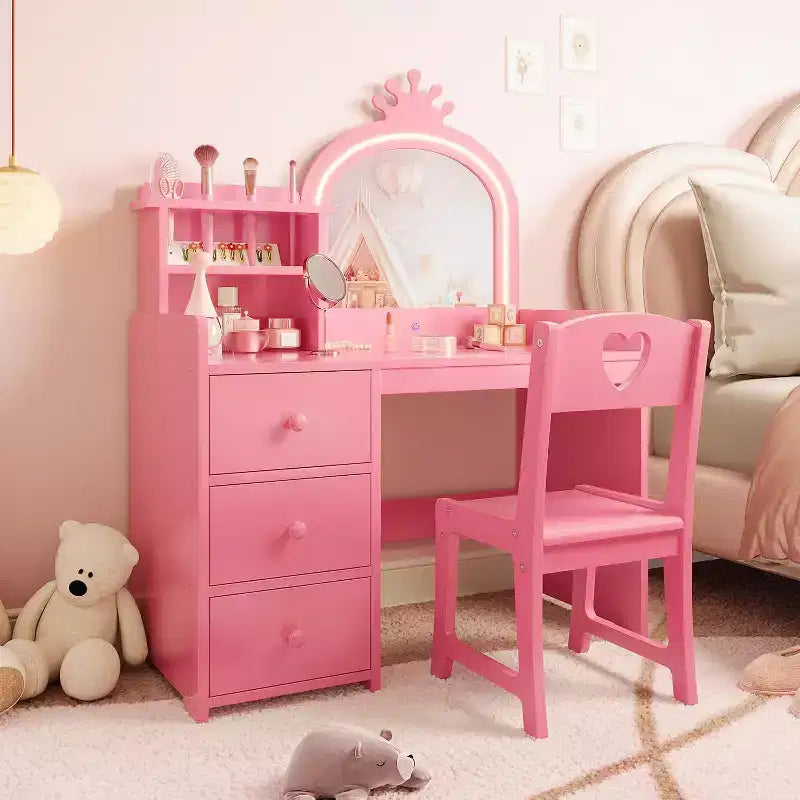 Coiffeuse avec miroir et lumières pour petites filles, ensemble de coiffeuse avec tiroirs et étagères de rangement ouvertes, table de toilette en bois pour chambre à coucher