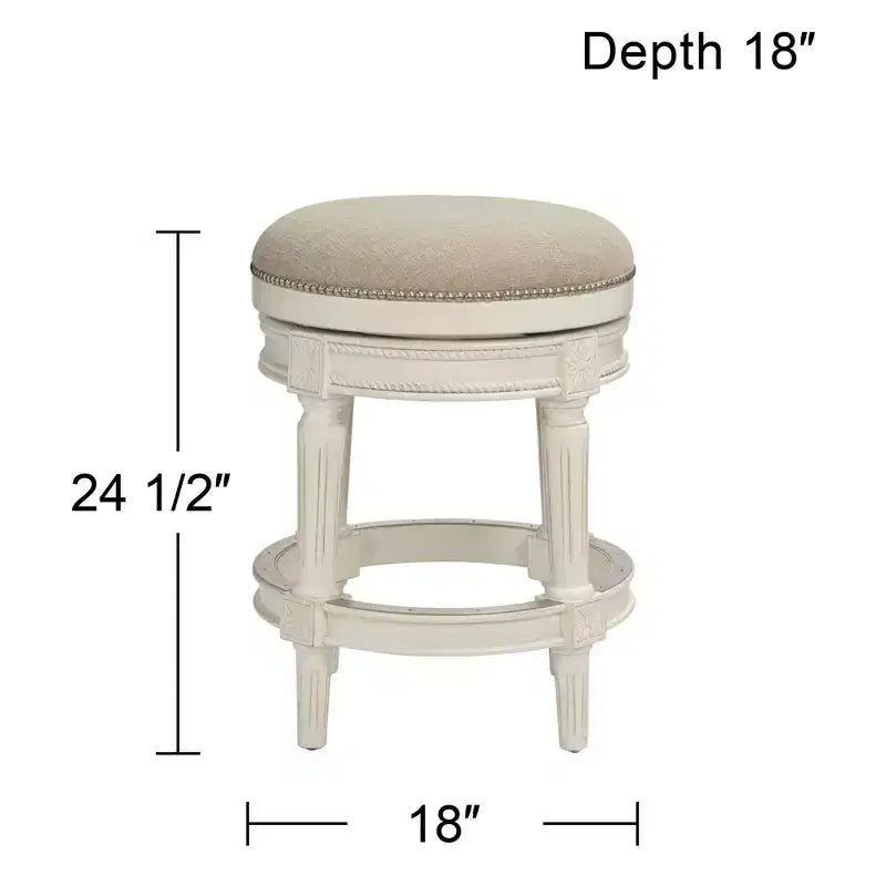55 Downing Street Oliver Wood Tabouret de bar pivotant Blanc vieilli 62,2 cm de haut Coussin rond traditionnel crème avec repose-pieds pour îlot de cuisine