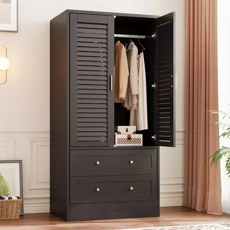 Armoire penderie à persiennes de 165 cm, Meuble de rangement en bois avec 2 portes et 2 tiroirs, Armoire de chambre avec tringle de suspension