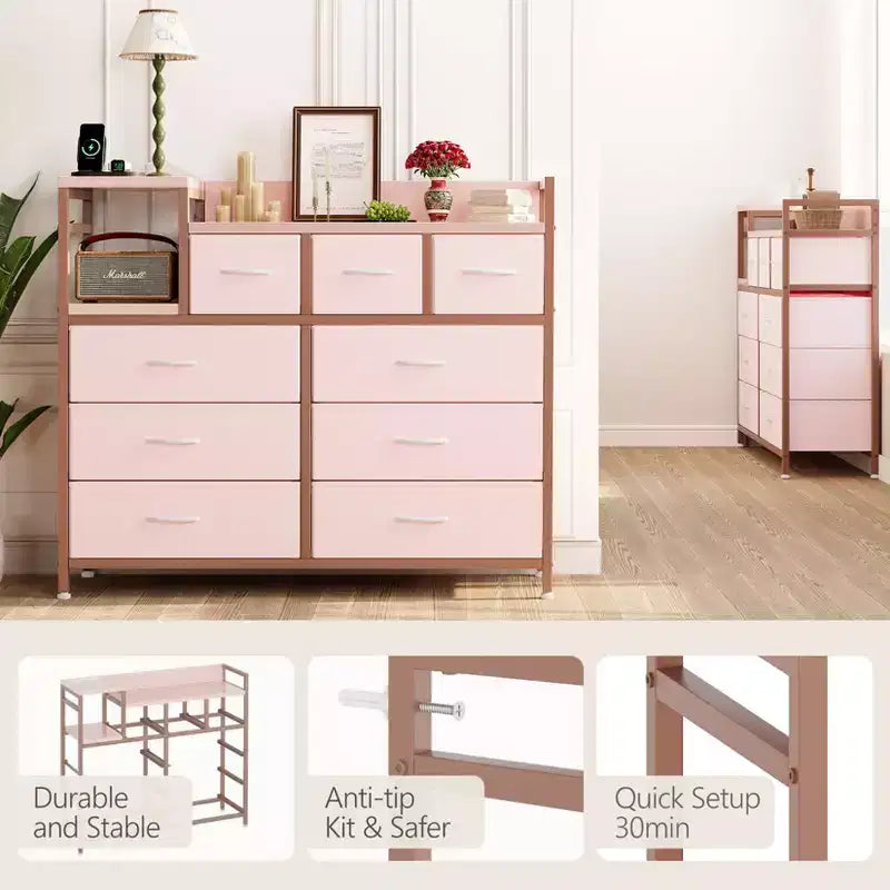 COZONY Commode de rangement à 9 tiroirs de 86,4 cm de haut et meuble TV, Tour de rangement en tissu, Rangement à cadre en acier robuste pour le salon, utilisation dans les petits espaces