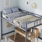 Cadre de lit mezzanine double en métal Acekool avec barrières de sécurité, lit mezzanine robuste en acier pour enfants ou adolescents, conception peu encombrante avec espace sous le lit