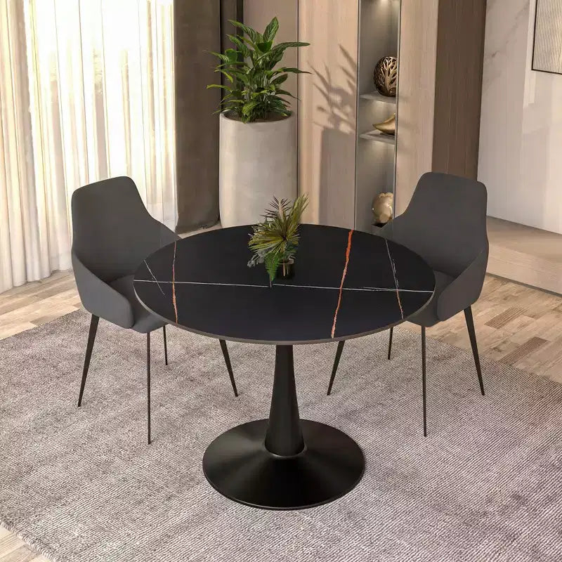 Table à manger ronde LeisureMod Bristol 40 – Plateau en pierre frittée, table d'appoint de café et piédestal en acier robuste noir pour la cuisine et les petits espaces