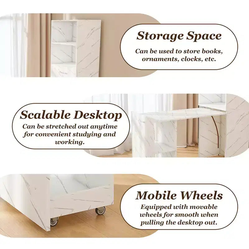 Bureau extensible avec rangements et roulettes, bureau pliable pour petits espaces, marbre blanc