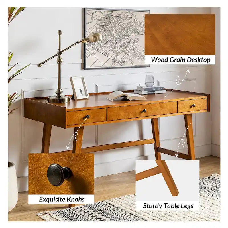 Bureau de direction Mid-century avec tiroir de rangement, gestion des câbles et station de charge