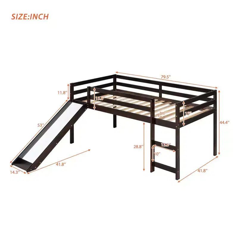 Lit mezzanine bas Whisen de 79,5L x 41,8l, élégant, de taille double, avec échelle intégrée et toboggan, conception multifonctionnelle