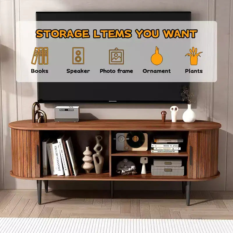 JVNOXK 55 Table de Console TV Moderne avec Compartiment de Rangement et Porte Coulissante - Meuble TV-Hifi Noyer pour Salon, Chambre, Bureau