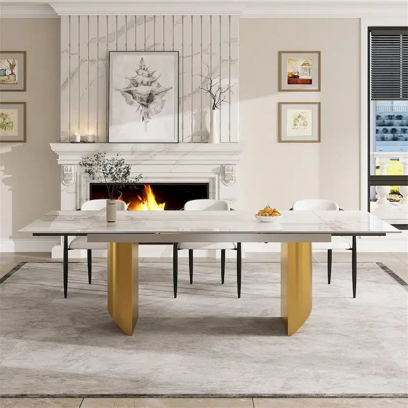 Ensemble de salle à manger moderne minimaliste 9 pièces avec plateau en pierre frittée extensible et double piédestal de 240 cm