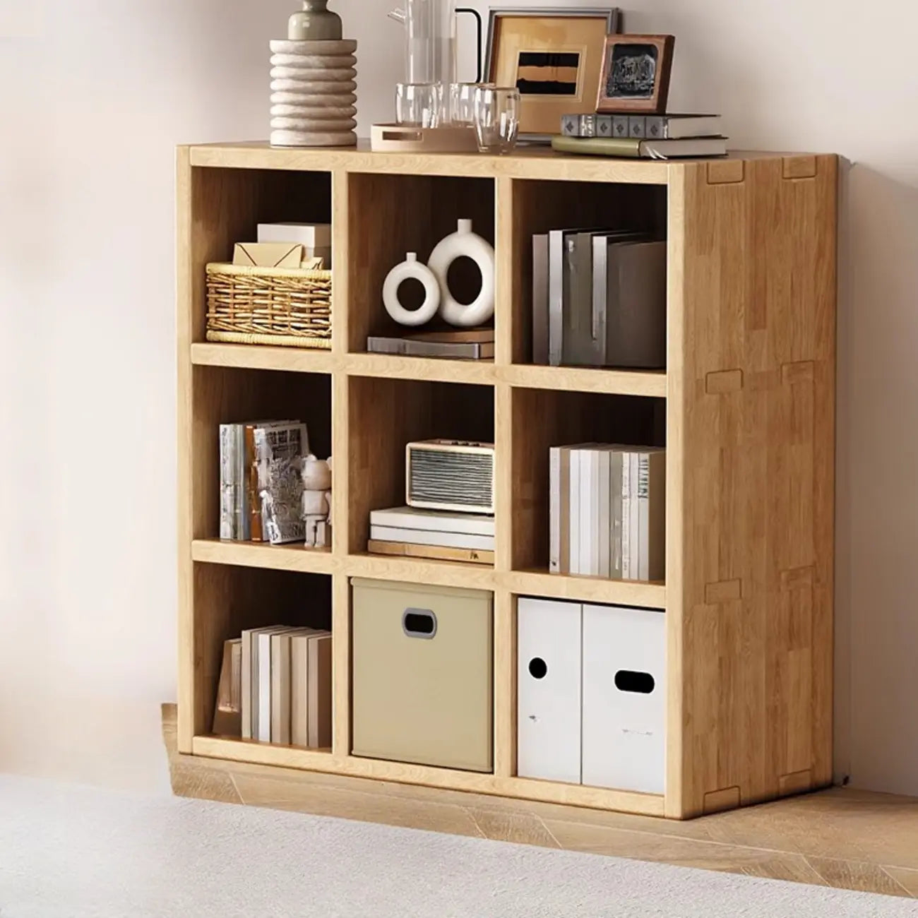 Bibliothèque moderne horizontale en bois à 8 cubes, finition naturelle