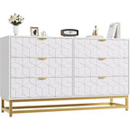 Commode Blanche à 6 Tiroirs DobleePy avec Pieds en Métal Doré, Grande Commode de Rangement de 136 cm de Large pour Chambre, Salon, Entrée