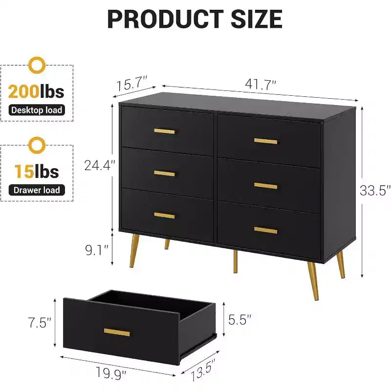 Commode moderne à 6 tiroirs avec espace de rangement, commode en bois avec poignées dorées, commode avec tiroirs profonds pour chambre à coucher, salon, bureau
