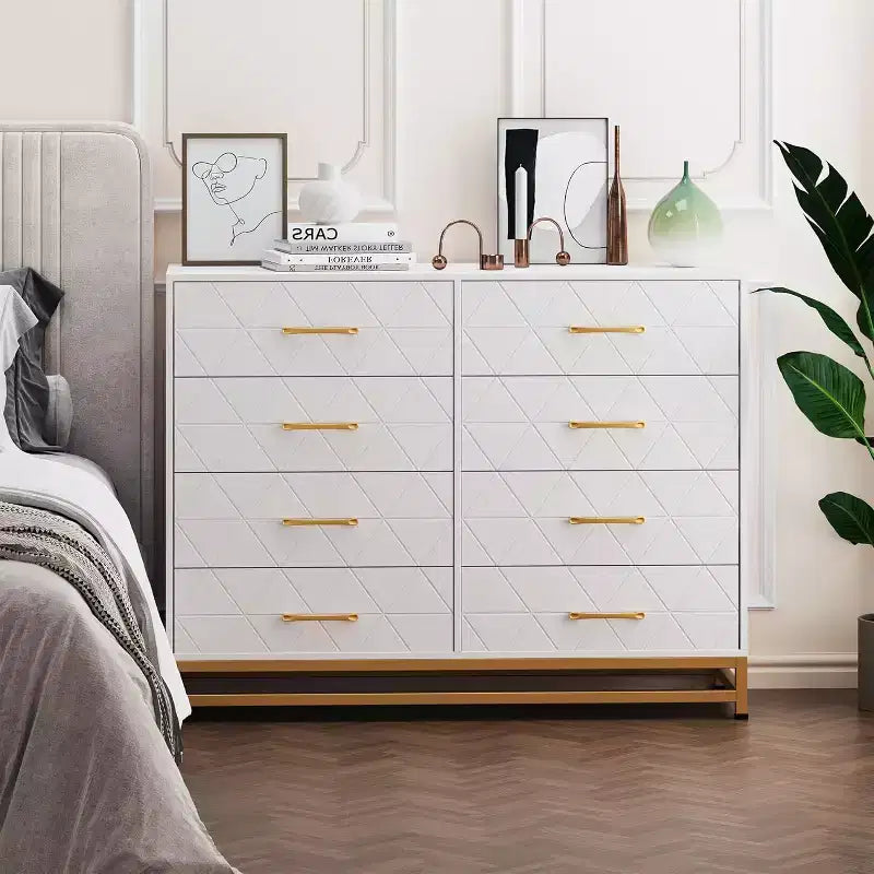 Commode de chambre avec 8 tiroirs, commode de meuble TV, grande commode en bois pour le rangement et l'organisation.