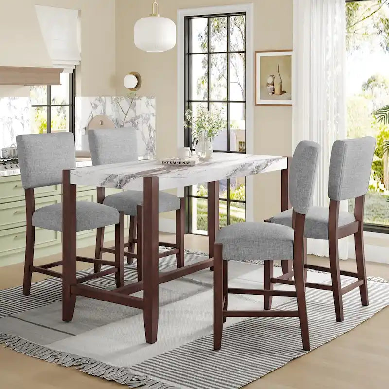 Ensemble de salle à manger 5 pièces à hauteur de comptoir, table de bar en faux marbre et 4 chaises rembourrées