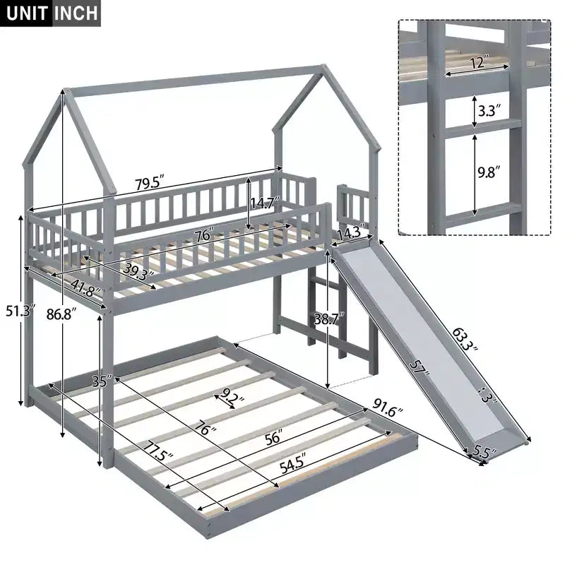Lit superposé cabane Whisen House Design avec toboggan et échelle intégrée, couchage double sur lit double