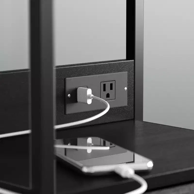 Table de chevet Emma et Oliver avec 3 tiroirs en tissu, station de charge avec 2 ports USB/prise de courant, dessus en bois composite, poignées en bois, cadre en métal