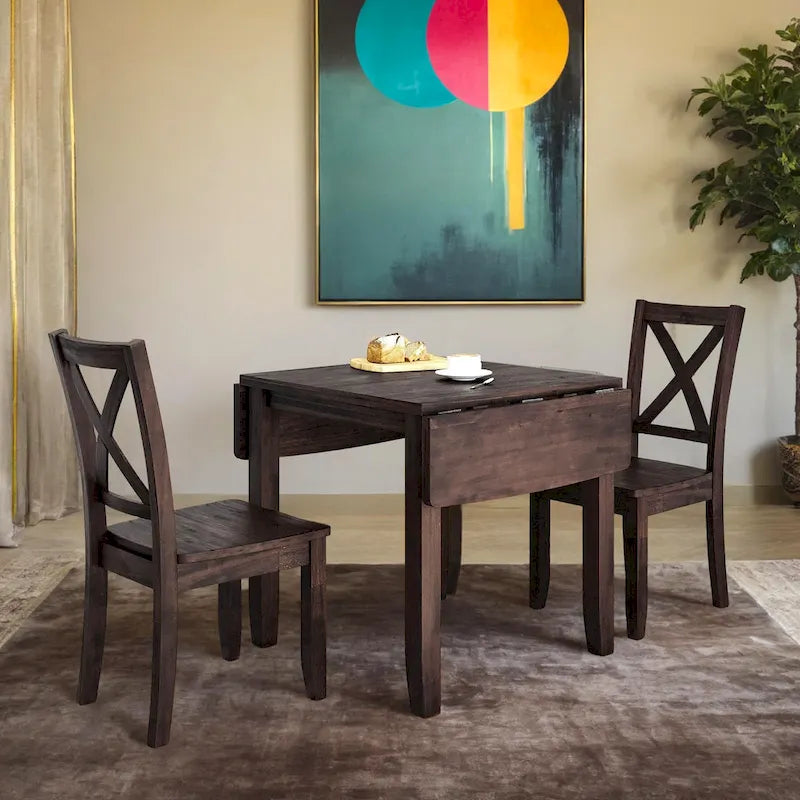 Ensemble de salle à manger 3 pièces avec table à rabats en bois et 2 chaises à dossier en X pour petits espaces