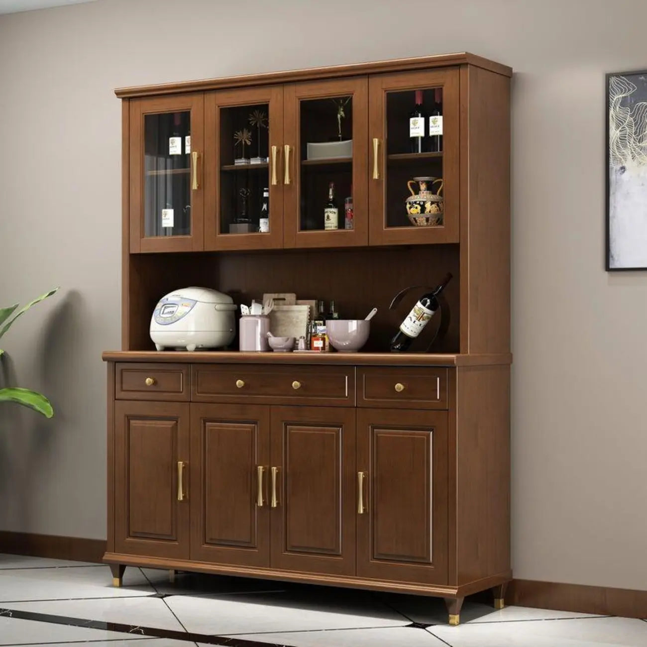 Buffet de cuisine en bois blanc avec casier à vin intégré