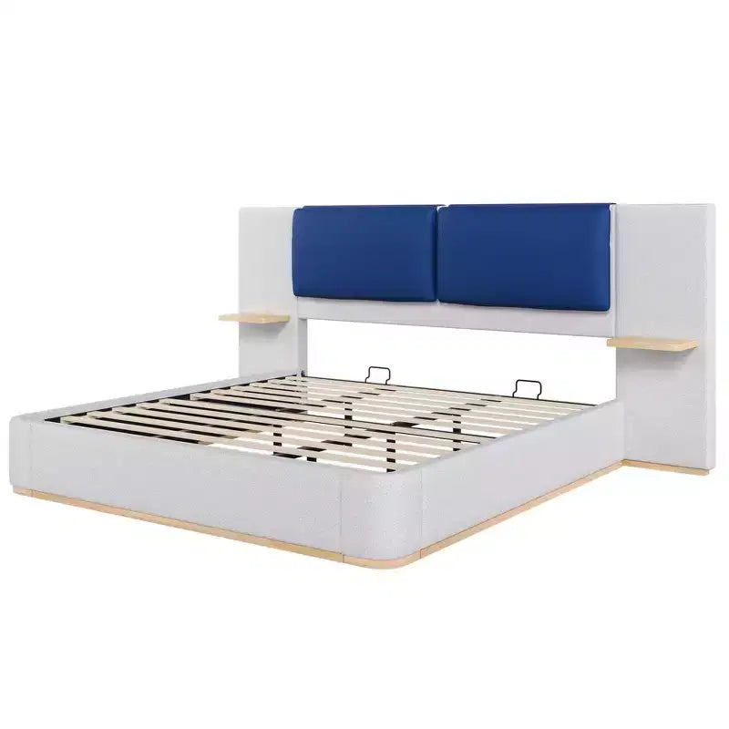 Cadre de lit plateforme capitonné Whisen King Size avec étagères de rangement latérales, tête de lit et panneau en PU doux, anti-collision, assemblage facile