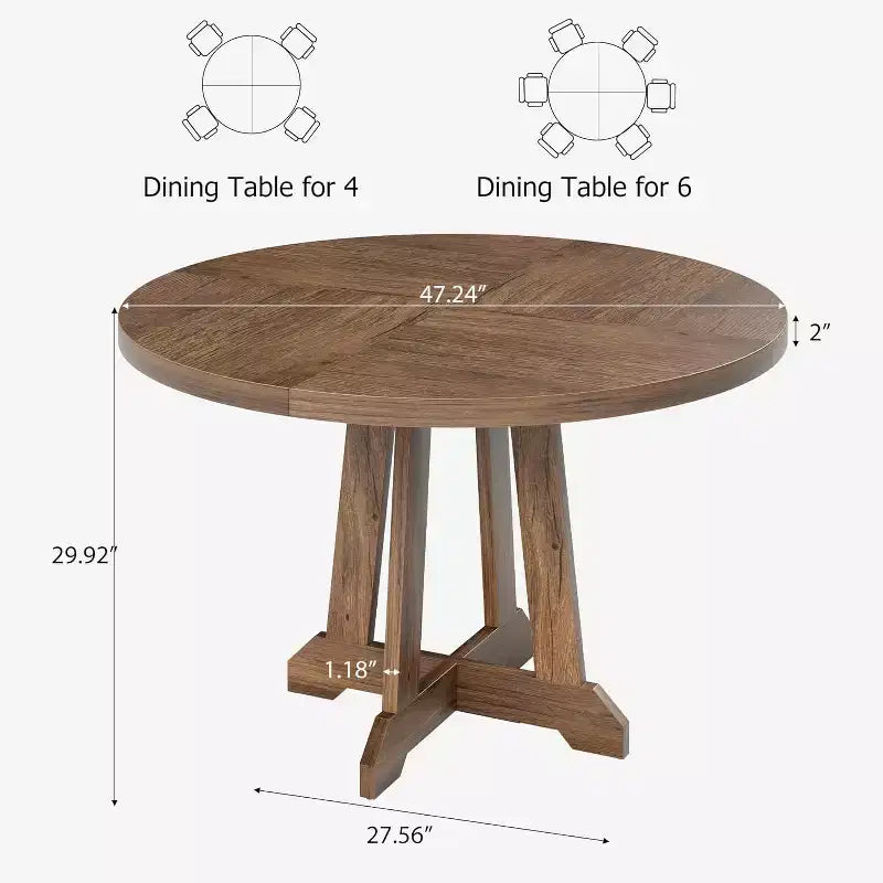 Table à manger ronde pour 4 personnes, table de cuisine en bois de 119 cm avec pieds à tenons, table circulaire, table de salle à manger, cuisine