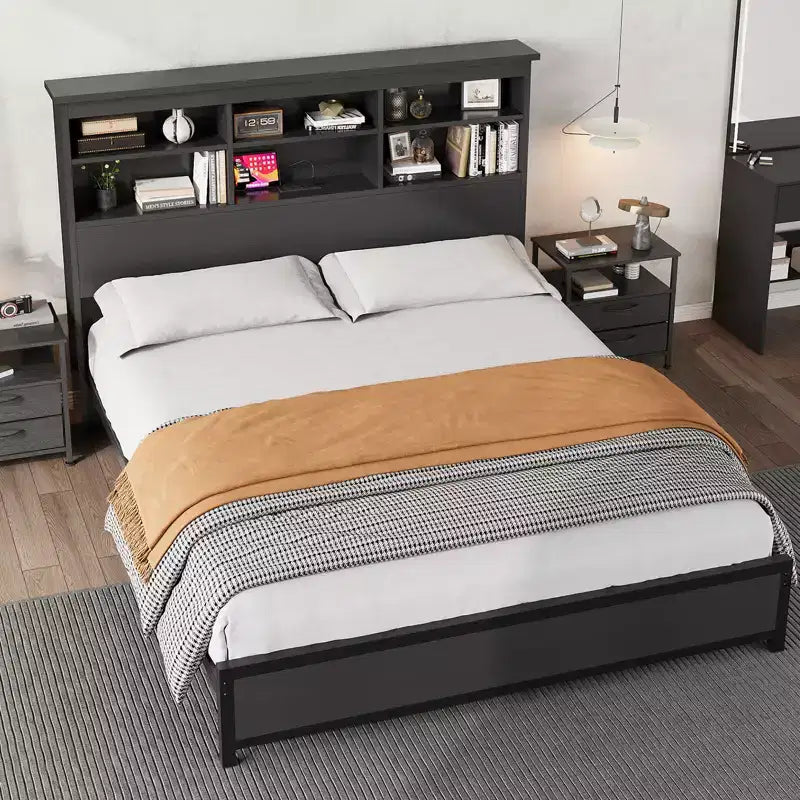 Cadre de lit King Size avec tête de lit bibliothèque, lit plateforme King Size avec rangement à 2 niveaux et station de recharge, aucun sommier tapissier requis, facile à monter, Noir
