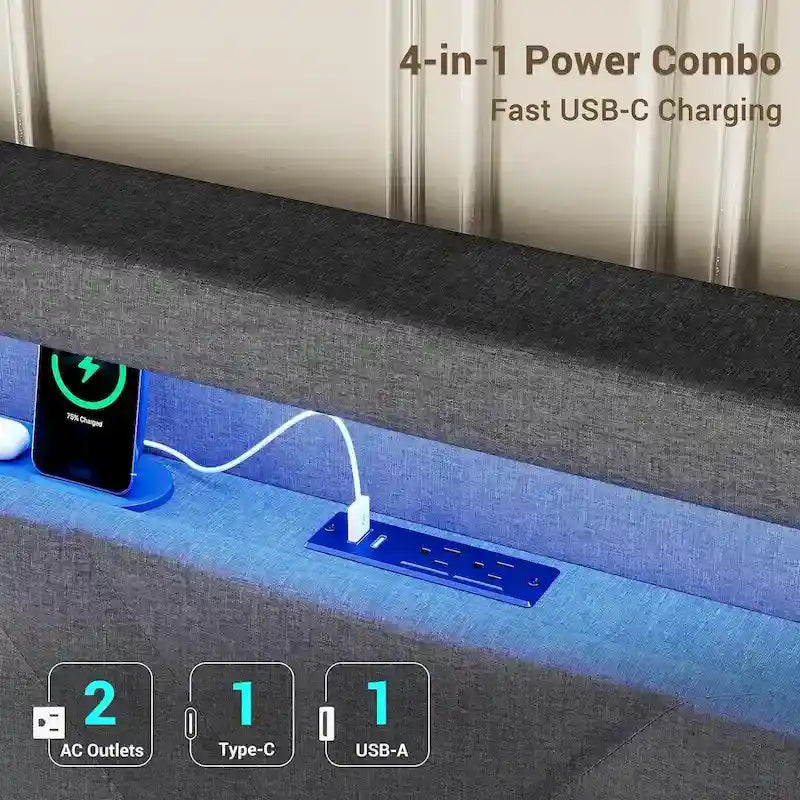 Cadre de lit avec lumières LED, tête de lit et station de charge USB-C/A, 4 tiroirs