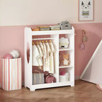 Commode pour enfants avec miroir et crochets, étagère en bois avec tringle à suspendre, 3 crochets latéraux, étagères, étagère supérieure, salle de jeux, chambre, chambre d'enfant, blanc