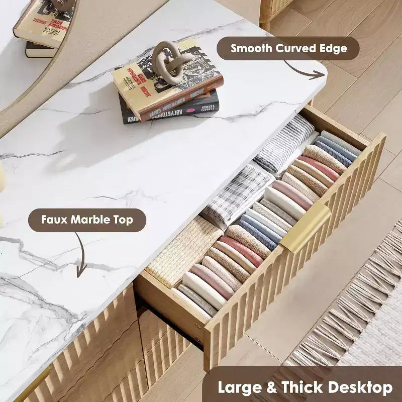 Commode 6 tiroirs pour chambre à coucher, commode de 120 cm de large avec profil incurvé, tiroirs en bois cannelé, commode moderne pour salon