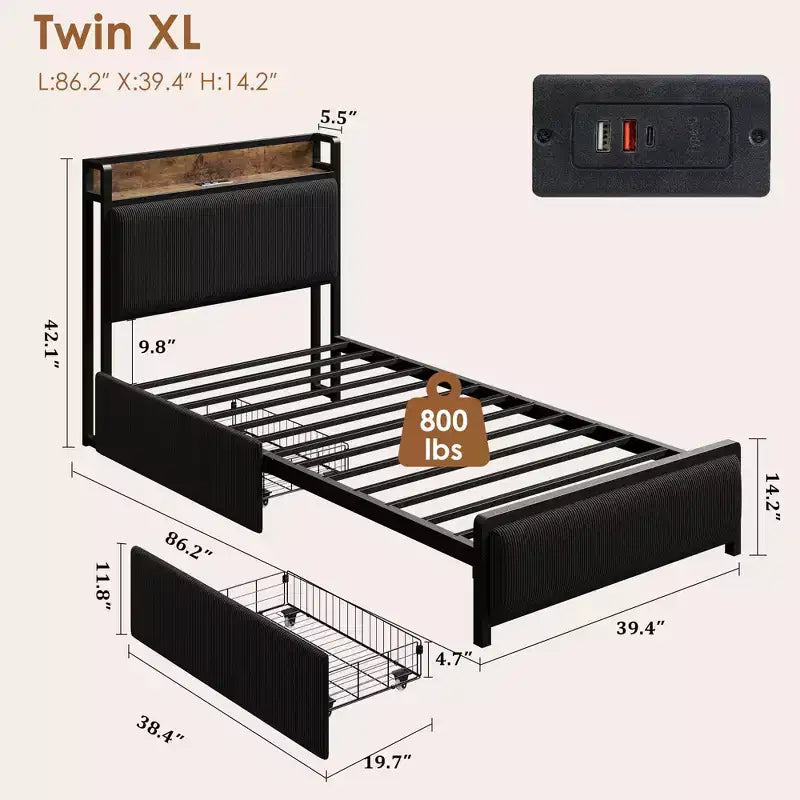 Cadre de lit Twin XL avec tête de lit de rangement, rembourré en velours côtelé, 2 tiroirs de rangement et station de recharge, pas besoin de sommier tapissier, silencieux