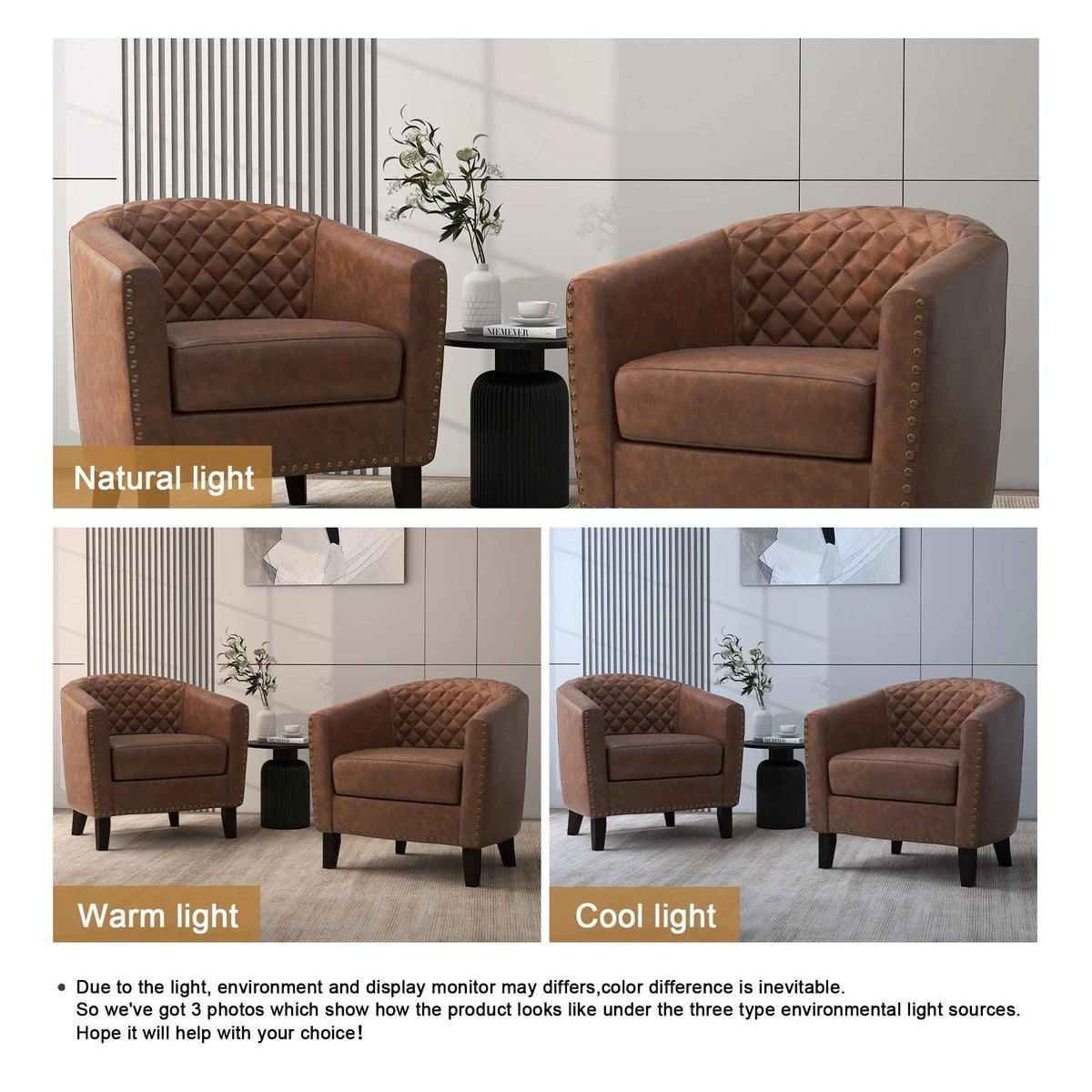 Lot de 2 fauteuils d'appoint ronds 29 W en similicuir végan avec clous décoratifs