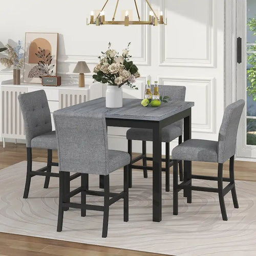 Ensemble de salle à manger 5 pièces hauteur comptoir, ensemble de table à manger en bois avec table rectangulaire et 4 chaises hautes rembourrées