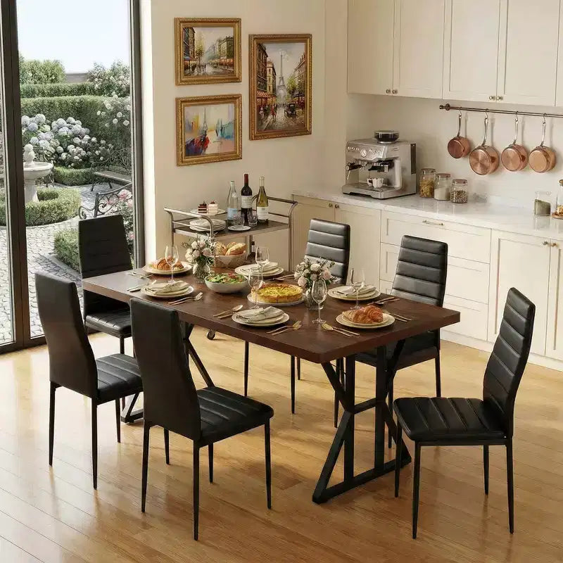 Table à manger industrielle FurnitureR avec plateau aspect bois et base métallique en forme de X, table rectangulaire de taille fixe pour salle à manger ou cuisine