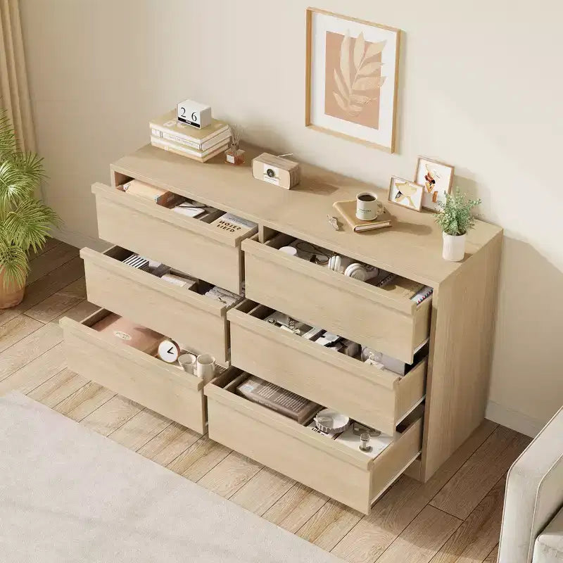 Commode 6 tiroirs CuisinSmart pour chambre à coucher, double commode de rangement naturelle avec poignées concaves, commode moderne, bois naturel