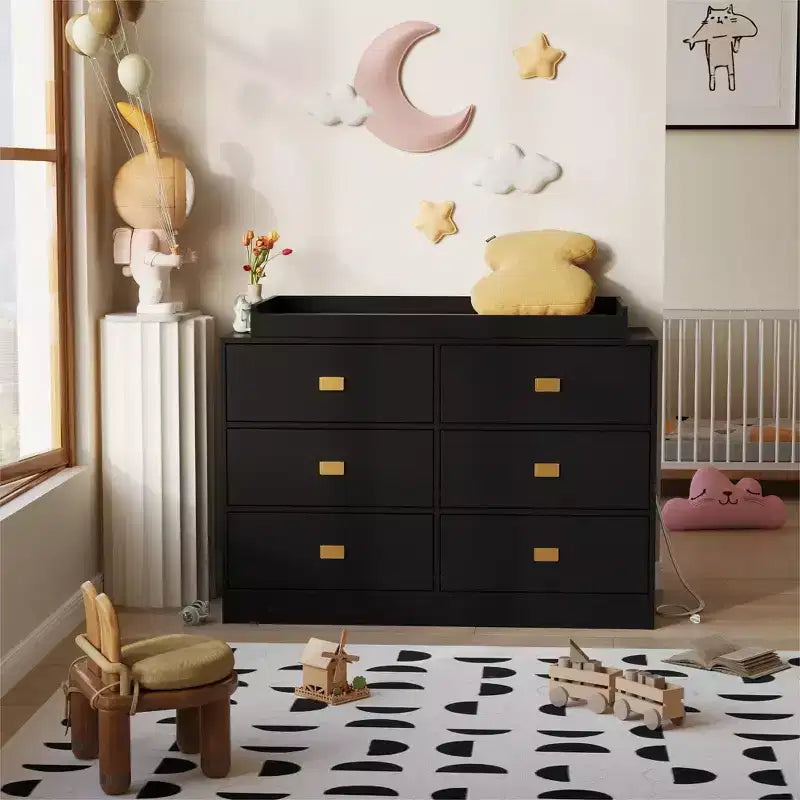 Commode de chambre d'enfant Coolmee avec plan à langer, commode bébé à 6 tiroirs avec kit anti-basculement, plateau étanche et rails de sécurité pour l'organisation du rangement