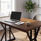 Table à manger industrielle FurnitureR avec plateau aspect bois et base métallique en forme de X, table rectangulaire de taille fixe pour salle à manger ou cuisine