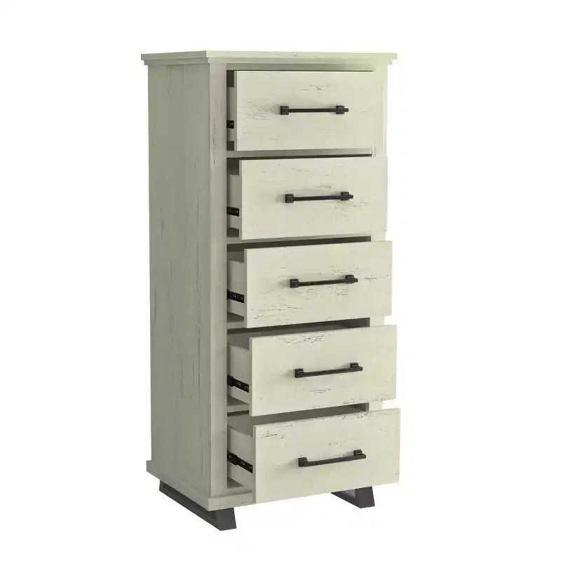 Festivo Ensemble Contemporain 3 pièces Commode 5 tiroirs 24 et Table de Chevet 3 tiroirs Blanc cassé Scié : MDF, Pieds en Métal, Anti-basculement
