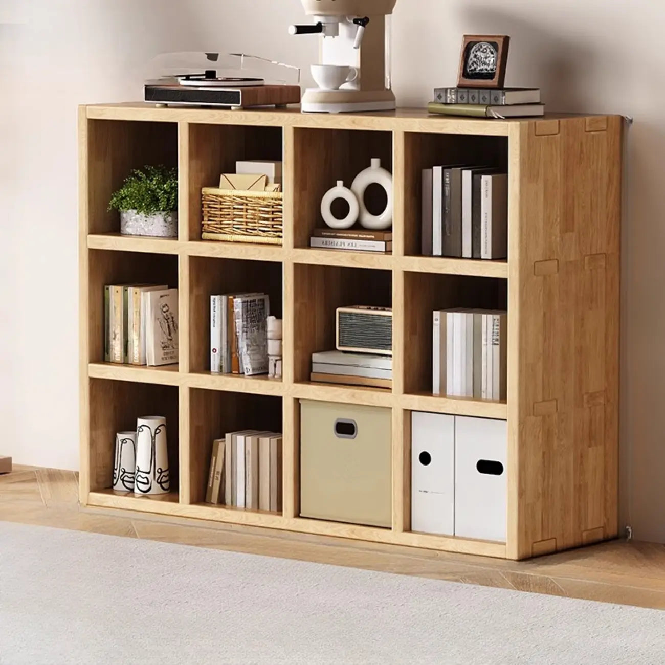 Bibliothèque moderne horizontale en bois à 8 cubes, finition naturelle